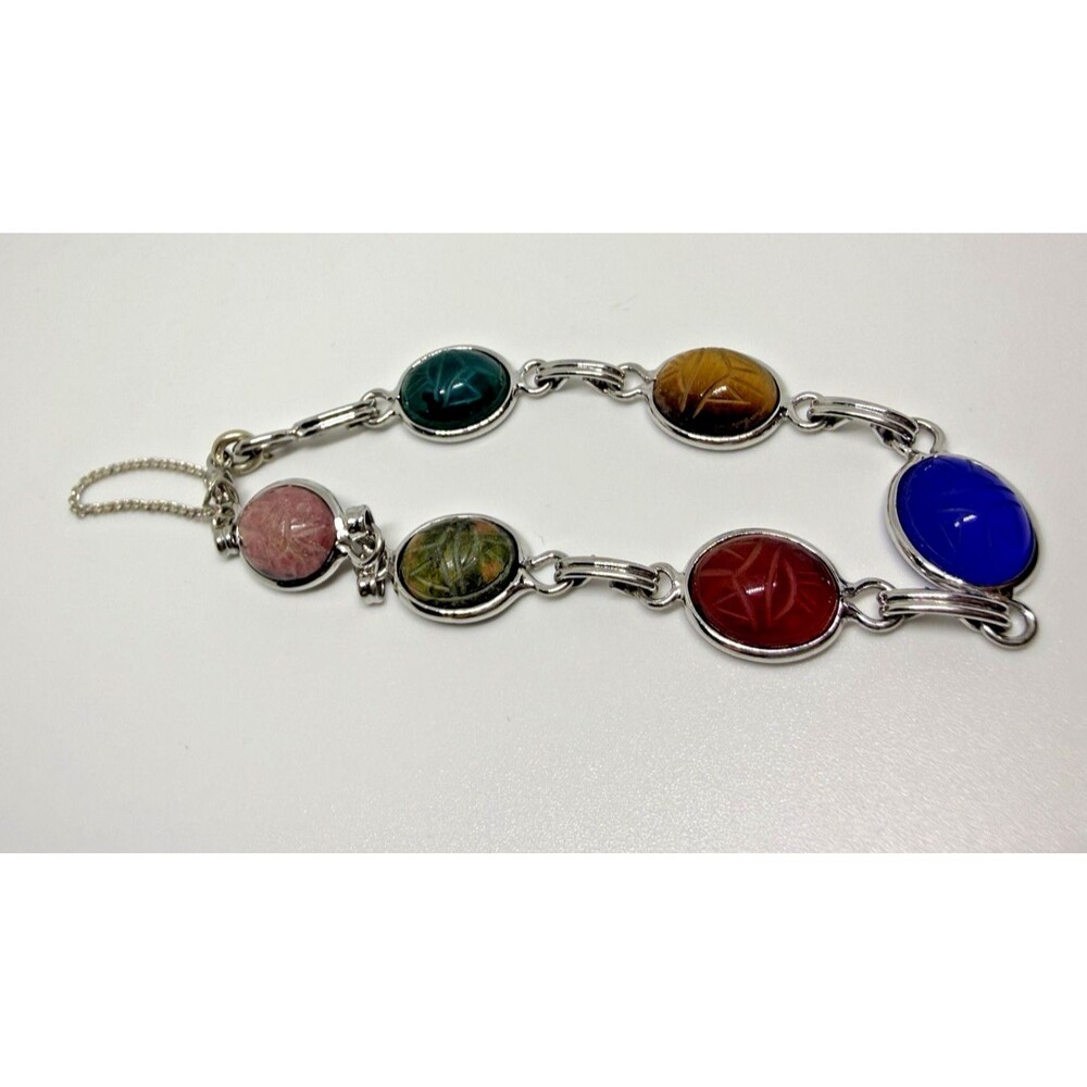 Vintage Egyptian Scarab Bracelet Signed A&Z Ster 6 Carved Stones Rare - Picture 7 of 16